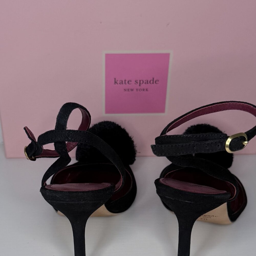 ate Spade Amour Pom Pumps Pointed Toe Heels Black Leather - Picture 2 of 5